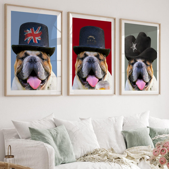 Set of 3 bulldog prints,pet portrait, preppy room decor, trendy poster, bulldog wall art, funny dog, gift for teenage boy, kitchen bar decor