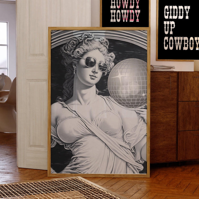 Retro trendy disco ball poster, greek goddess funky disco 70s wall art print digital artwork, mirrorball printable girly dorm room artt