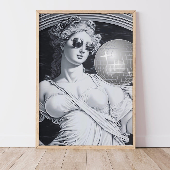 Retro trendy disco ball poster, greek goddess funky disco 70s wall art print digital artwork, mirrorball printable girly dorm room artt