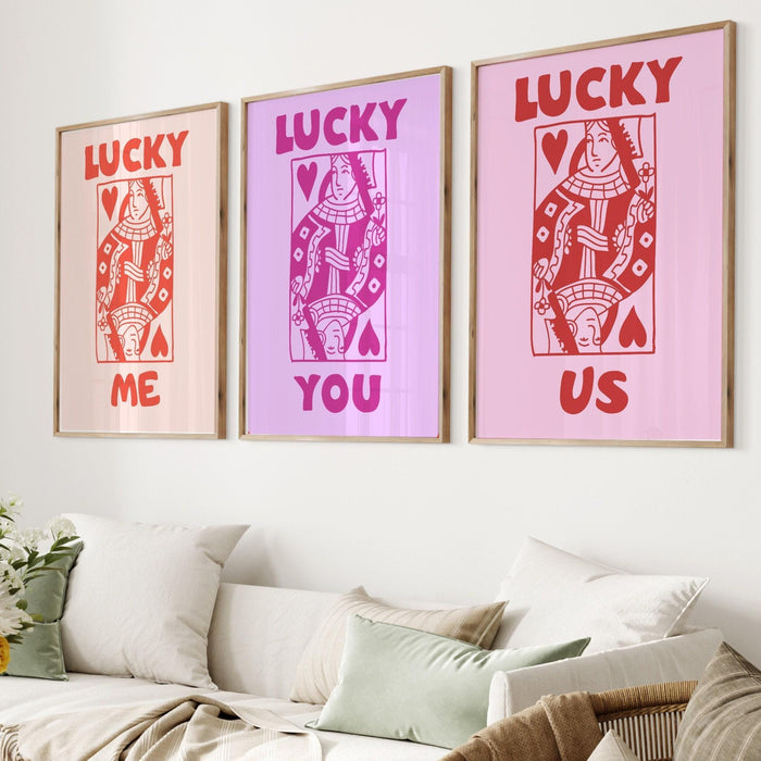 Retro trendy aesthetic wall art, wall print, digital download print, wall decor, large printable art, queen of hearts, lucky you, set of 3