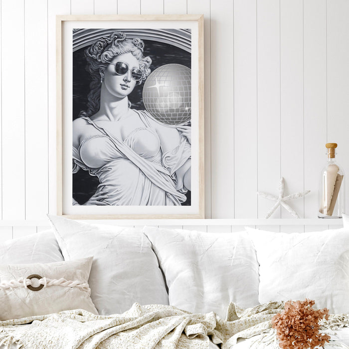 Retro trendy disco ball poster, greek goddess funky disco 70s wall art print digital artwork, mirrorball printable girly dorm room artt