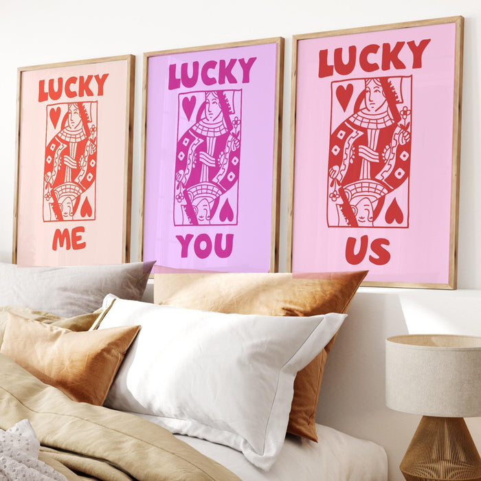 Retro trendy aesthetic wall art, wall print, digital download print, wall decor, large printable art, queen of hearts, lucky you, set of 3