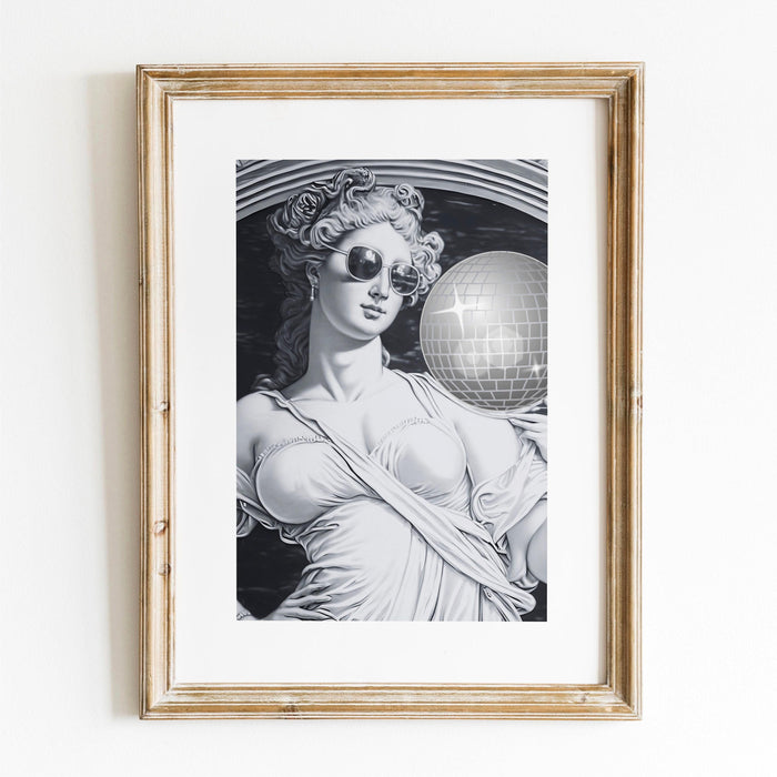 Retro trendy disco ball poster, greek goddess funky disco 70s wall art print digital artwork, mirrorball printable girly dorm room artt