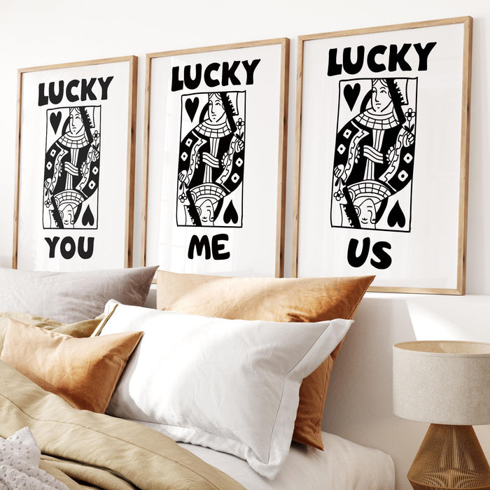 Retro trendy aesthetic wall art, digital download, wall decor, large printable art, queen of hearts, lucky you, set of 6, lucky you me us