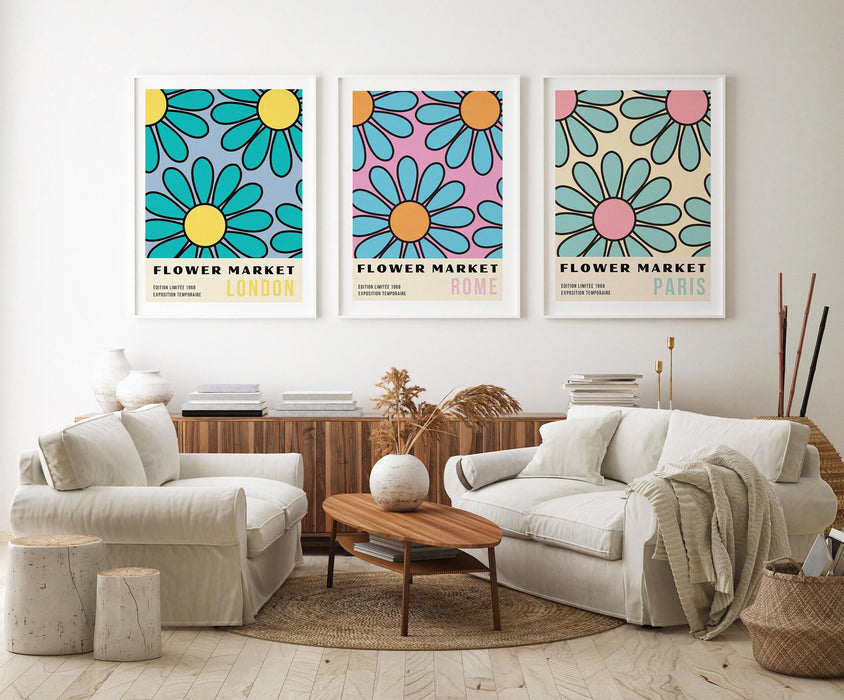 Printable set of 3 prints, flower market prints, 70's wall art, trendy, retro print, set of three wall art, gallery wall bundle,