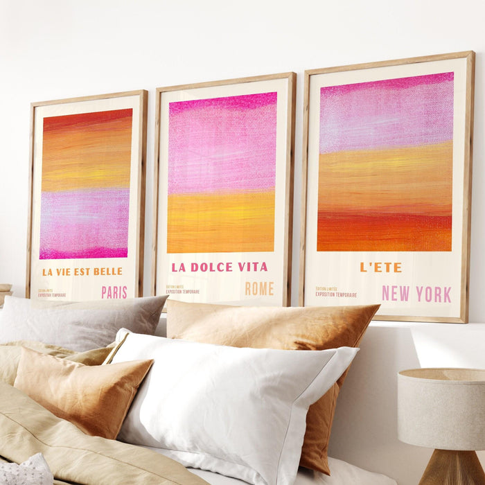 Pink wall art, abstract poster, 70s style poster, 60s flower print, orange pink decor, dork room wall art, printable set of 3, aesthetic art