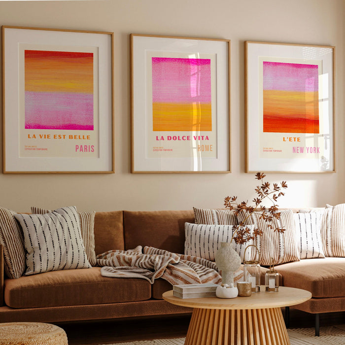 Pink wall art, abstract poster, 70s style poster, 60s flower print, orange pink decor, dork room wall art, printable set of 3, aesthetic art