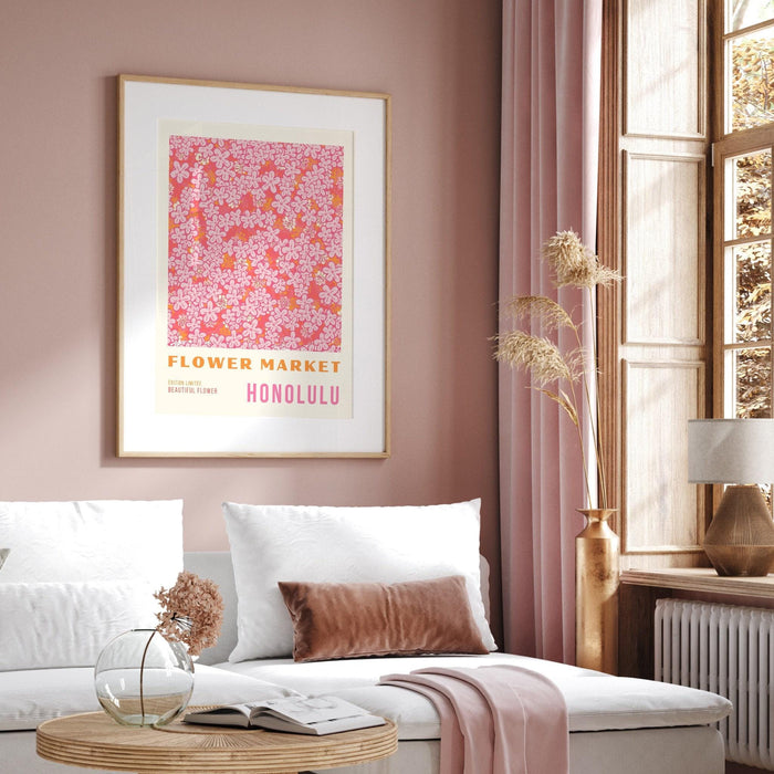 Pink print, flower market digital download print, 70s style poster, honolulu art, pink decor, printable art, pink wall art, honolulu print,