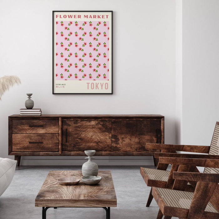 Pink orange print, flower market digital download print, 70s style poster, floral pink decor, printable art, pink wall art, japanese print,