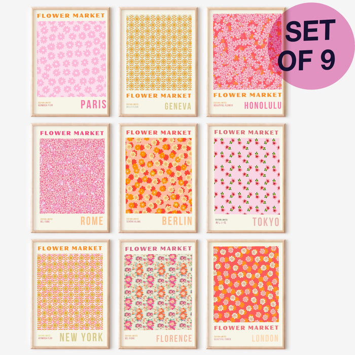 Pink orange flower market digital download, 70s style poster, 60s flower print, orange pink decor, dork room wall art, printable set of 9
