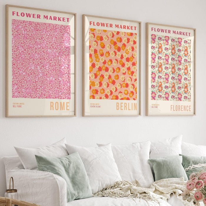 Pink orange flower market digital download, 70s style poster, 60s flower print, orange pink decor, dork room wall art, printable set of 9