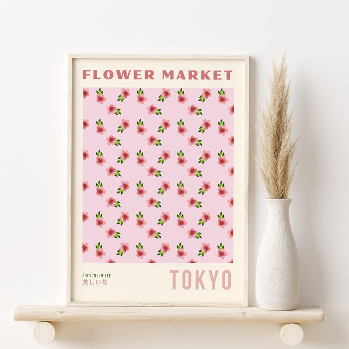 Pink orange print, flower market digital download print, 70s style poster, floral pink decor, printable art, pink wall art, japanese print,