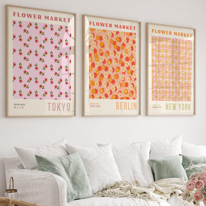 Pink orange flower market digital download, 70s style poster, 60s flower print, orange pink decor, dork room wall art, printable set of 9