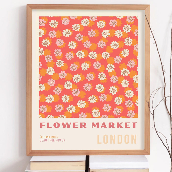 Pink orange flower market digital download, 70s style poster, 60s flower print, orange pink decor, dork room wall art, printable set of 9