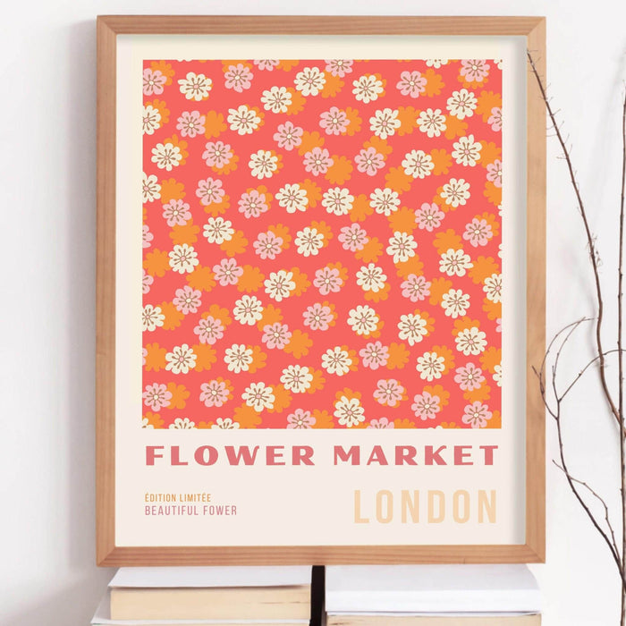 Pink orange flower market digital download, 70s style poster, 60s flower print, orange pink decor, dork room wall art, printable set of 9