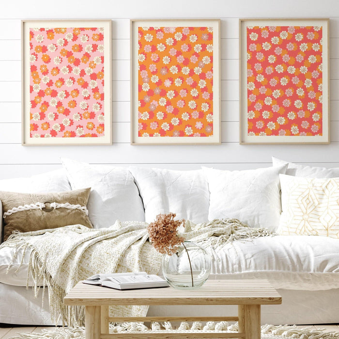 Pink orange flower market digital download, 70s style poster, 60s flower print, orange pink decor, dorm room wall art, printable set of 3