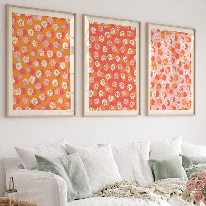 Pink orange flower market digital download, 70s style poster, 60s flower print, orange pink decor, dorm room wall art, printable set of 3