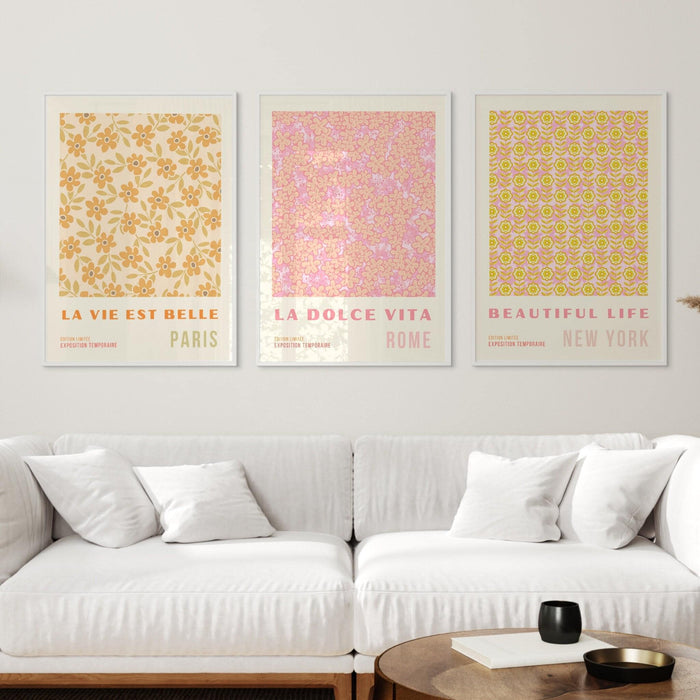 Pink orange flower market digital download, 70s style poster, 60s flower print, orange pink decor, flower wall art, printable set of 3