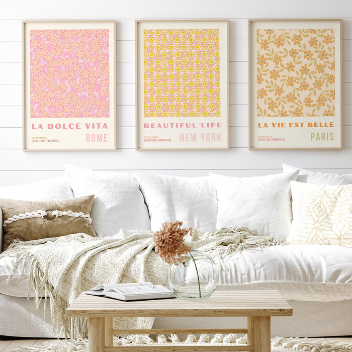 Pink orange flower market digital download, 70s style poster, 60s flower print, orange pink decor, flower wall art, printable set of 3