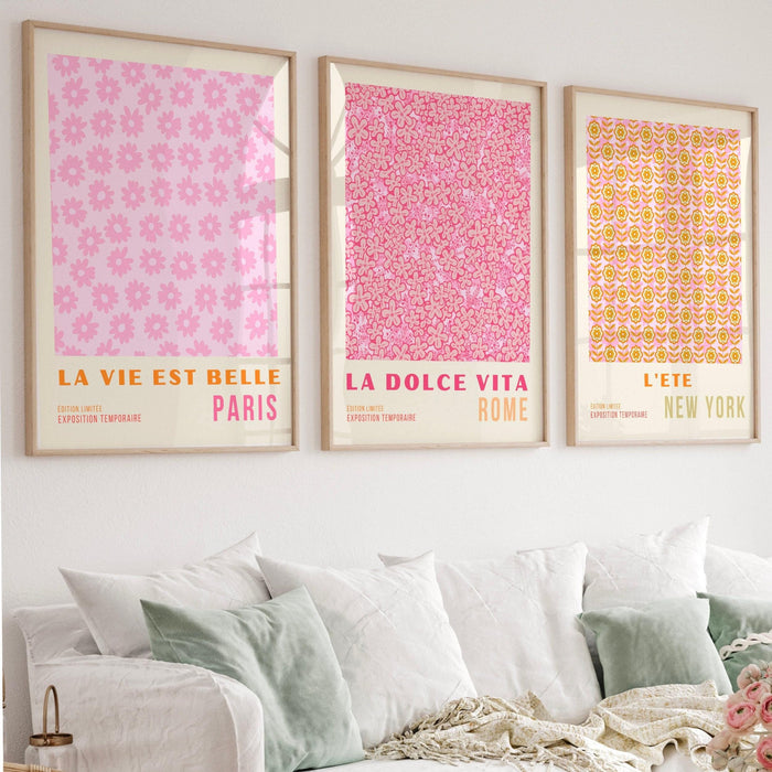 Pink orange flower market digital download, 70s style poster, 60s flower print, orange pink decor, dork room wall art, printable set of 3