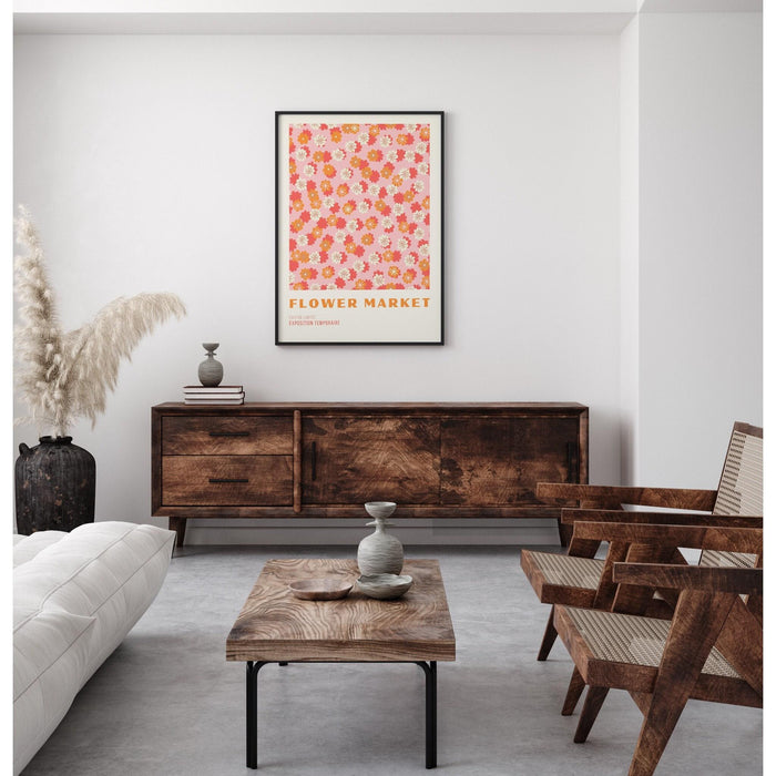 Pink flower market digital download print, 70s style poster, 60s flower print, pink orange decor, dork room wall art, printable art, dork