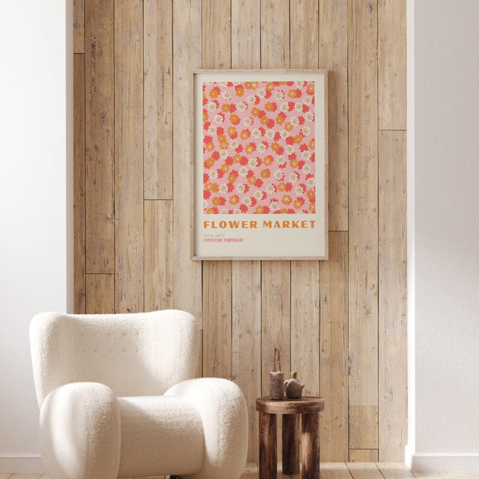 Pink flower market digital download print, 70s style poster, 60s flower print, pink orange decor, dork room wall art, printable art, dork