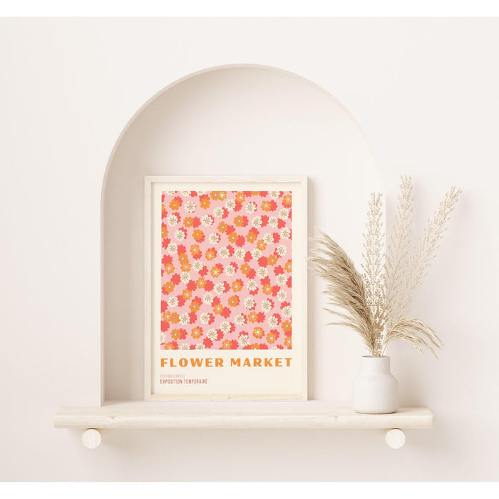 Pink flower market digital download print, 70s style poster, 60s flower print, pink orange decor, dork room wall art, printable art, dork