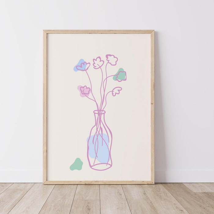 Pink blue bouquet of flowers floral abstract digital download girls bedroom printable dorm decor gift idea cute minimalist wall art 1 print