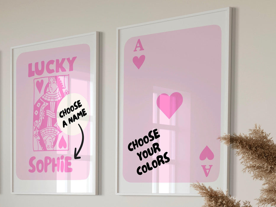 Personalized, trendy retro wall art set of 2, lucky you custom poster, aesthetic print dorm decor funny minimalist digital download
