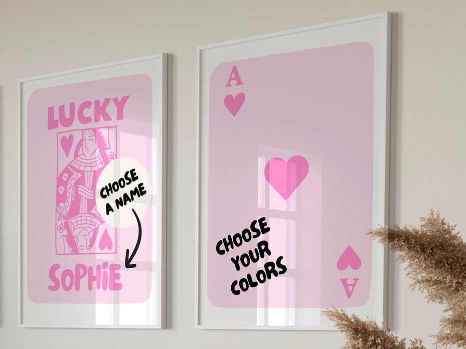 Personalized, trendy retro wall art set of 2, lucky you custom poster, aesthetic print dorm decor funny minimalist digital download