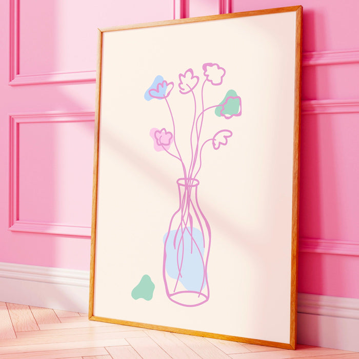 Pink blue bouquet of flowers floral abstract digital download girls bedroom printable dorm decor gift idea cute minimalist wall art 1 print