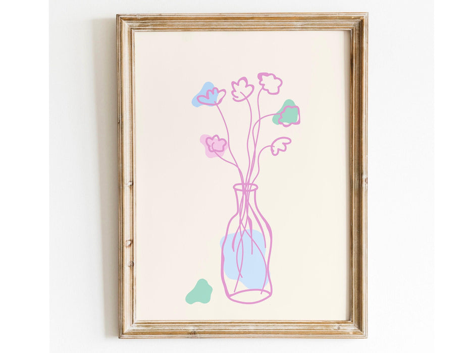 Pink blue bouquet of flowers floral abstract digital download girls bedroom printable dorm decor gift idea cute minimalist wall art 1 print