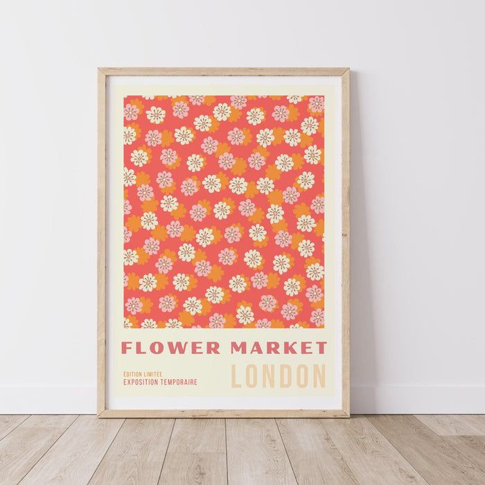 Orange flower market digital download print, 70s style poster, 60s flower print, pink orange decor, dork room wall art, printable art