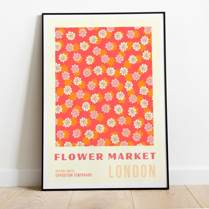 Orange flower market digital download print, 70s style poster, 60s flower print, pink orange decor, dork room wall art, printable art