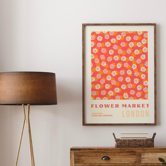 Orange flower market digital download print, 70s style poster, 60s flower print, pink orange decor, dork room wall art, printable art