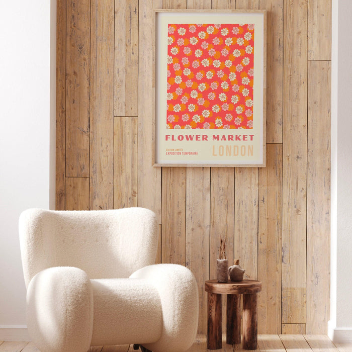 Orange flower market digital download print, 70s style poster, 60s flower print, pink orange decor, dork room wall art, printable art