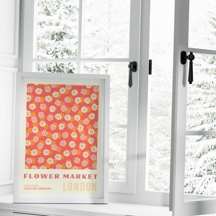 Orange flower market digital download print, 70s style poster, 60s flower print, pink orange decor, dork room wall art, printable art