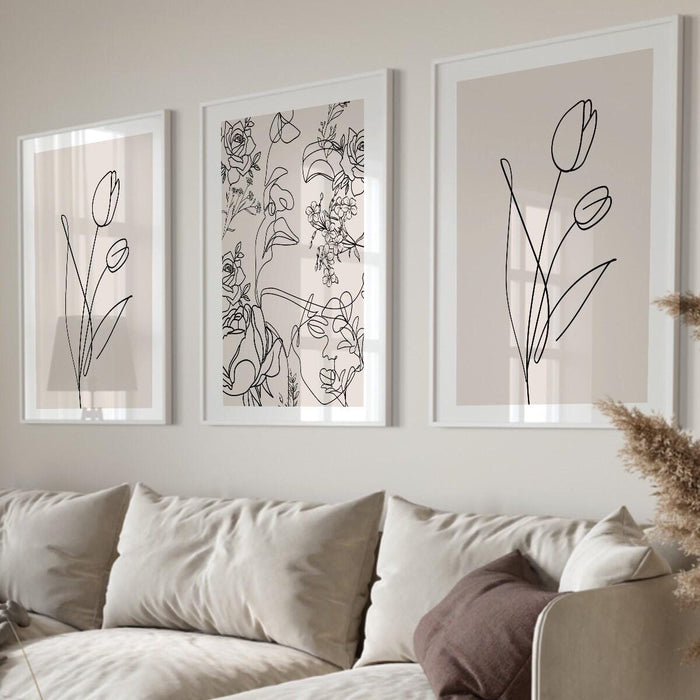 Neutral wall prints set of 3 prints,, botanical wall prints, botanical line art,beige home decor, line drawing, female body,digital download