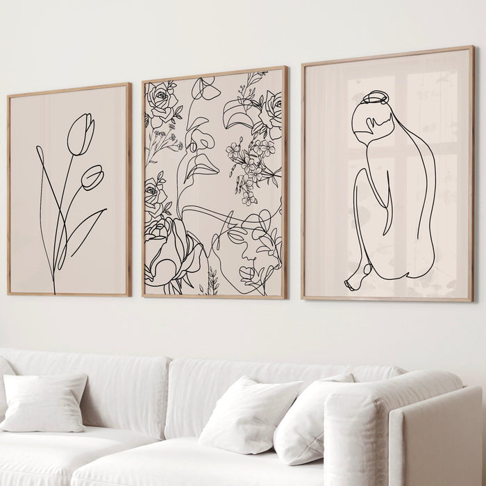 Neutral wall prints set of 3 prints,, botanical wall prints, botanical line art,beige home decor, line drawing, female body,digital download