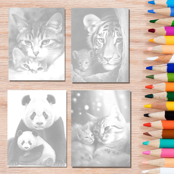 Mother love animals | printable adult grayscale colouring book pages | set of 20 printable coloring in pages instant digital download pdf