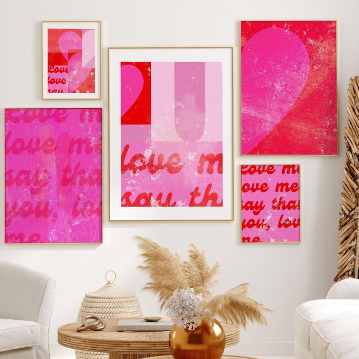 Hot pink wall art set of 6 prints | maximalist decor | over sofa prints | pink abstract print set | preppy wall art | hot pink gallery
