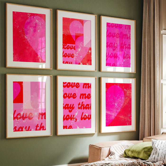 Hot pink wall art set of 6 prints | maximalist decor | over sofa prints | pink abstract print set | preppy wall art | hot pink gallery