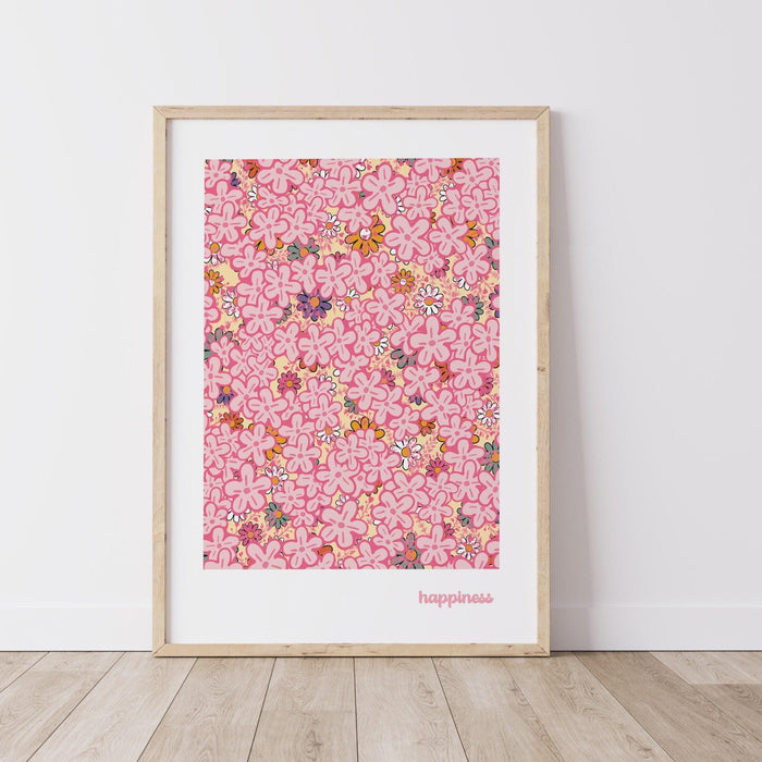 Happiness, pink print, orange flower market digital download print, 70s style poster, pink orange decor, dork room wall art, printable art,