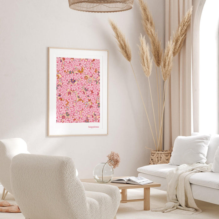 Happiness, pink print, orange flower market digital download print, 70s style poster, pink orange decor, dork room wall art, printable art,
