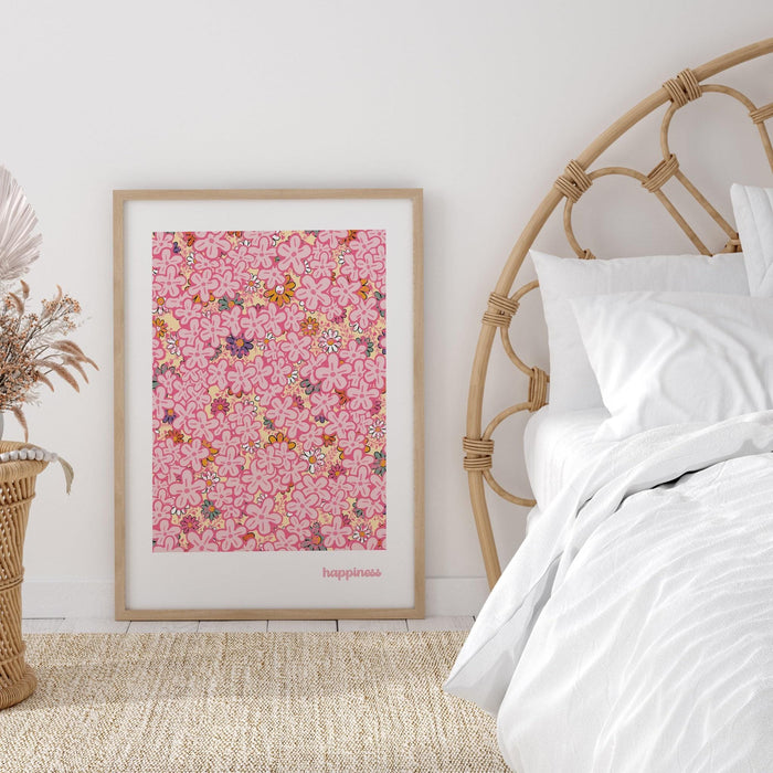 Happiness, pink print, orange flower market digital download print, 70s style poster, pink orange decor, dork room wall art, printable art,