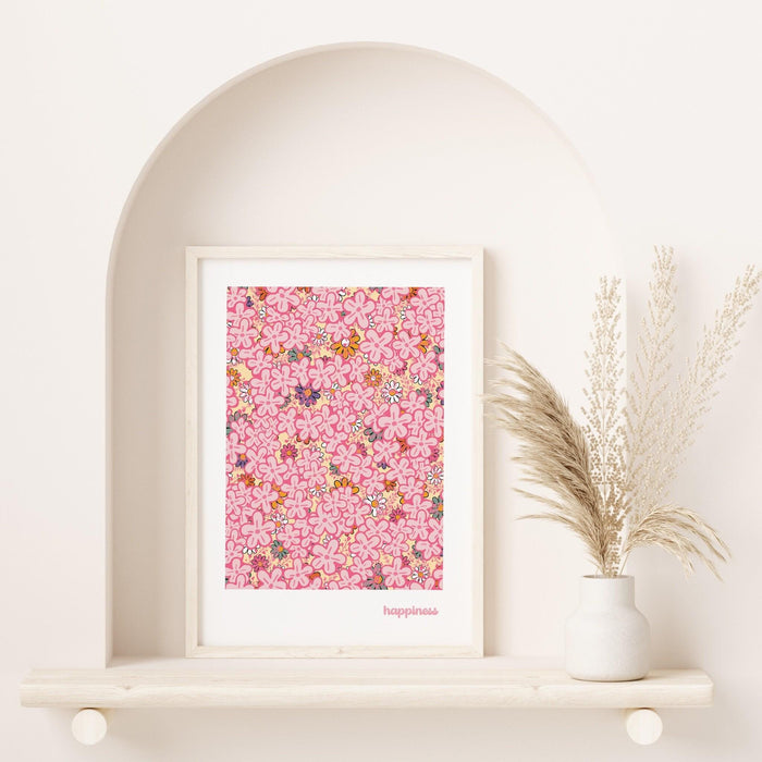 Happiness, pink print, orange flower market digital download print, 70s style poster, pink orange decor, dork room wall art, printable art,
