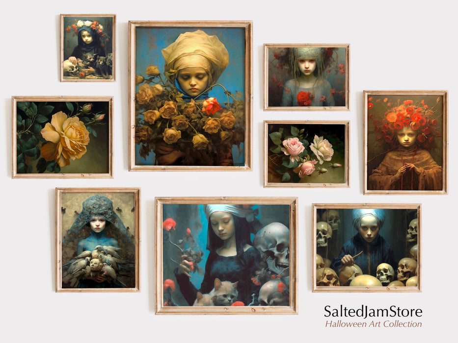 Halloween gallery wall set of 9 prints | halloween vintage aesthetic wall art | unique dark academia print | wall decor | digital download