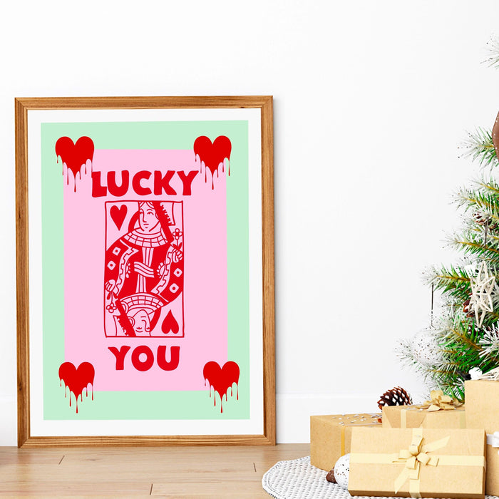Green retro trendy aesthetic wall art, trendy retro wall print | preppy wall art | preppy pink poster | retro dorm decor, lucky you, preppy