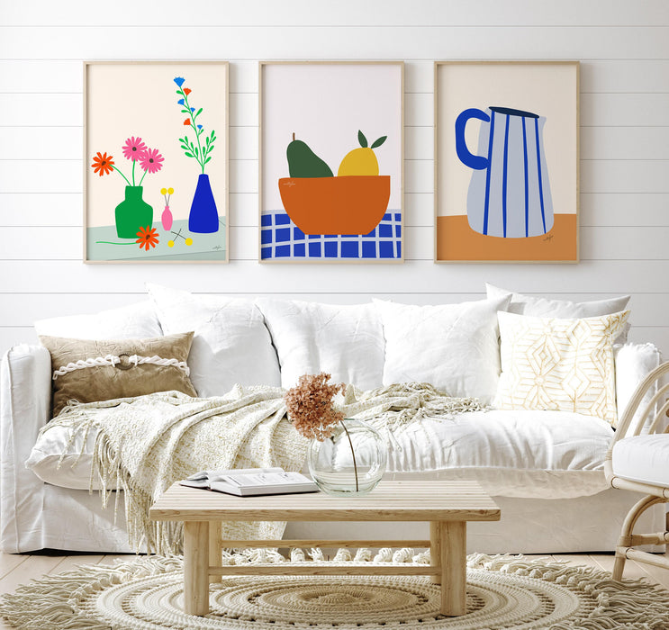 Gallery wall set, exhibition set of 3 prints, colorful print set, gallery wall art, museum poster set, flower market print, digital art set