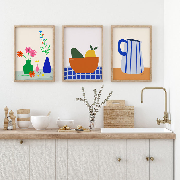 Gallery wall set, exhibition set of 3 prints, colorful print set, gallery wall art, museum poster set, flower market print, digital art set